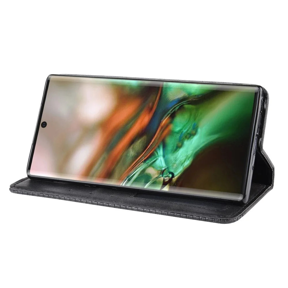Auto-absorbed Vintage Style PU Leather Wallet Case for Samsung Galaxy Note 10/Galaxy Note 10 5G - Black - 5