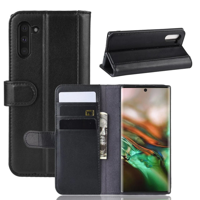 Genuine Split Leather Wallet Phone Shell Cover Case with Stand for Samsung Galaxy Note 10 - Black - 1
