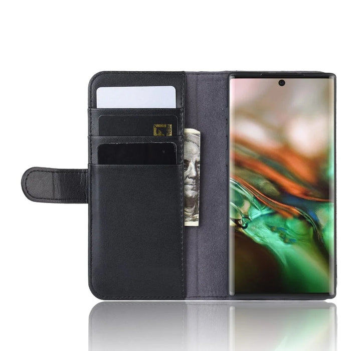 Genuine Split Leather Wallet Phone Shell Cover Case with Stand for Samsung Galaxy Note 10 - Black - 7