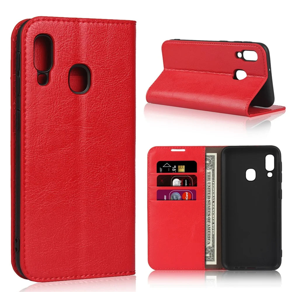 Crazy Horse Texture Genuine Leather Wallet Phone Case for Samsung Galaxy A20e - Red - 1