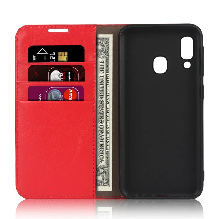 Crazy Horse Texture Genuine Leather Wallet Phone Case for Samsung Galaxy A20e - Red - 4