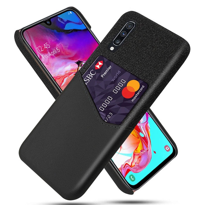 Phone Shell PC + PU + Cloth Hybrid Back Casing with Card Slot for Samsung Galaxy A70 - Black - 1