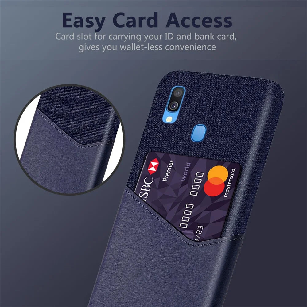 PC + PU + Cloth Hybrid Phone Back Cover Case with Card Slot for Samsung Galaxy A40 - Blue - 3
