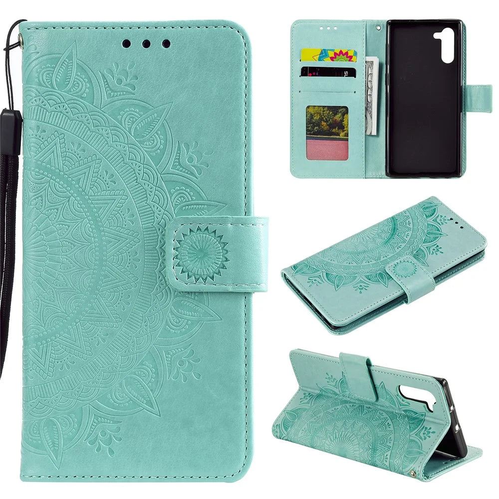 Imprint Flower Leather Wallet Case for Samsung Galaxy Note 10 / Note 10 5G - Cyan - 1