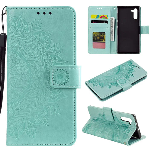 Imprint Flower Leather Wallet Case for Samsung Galaxy Note 10 / Note 10 5G - Cyan - 1