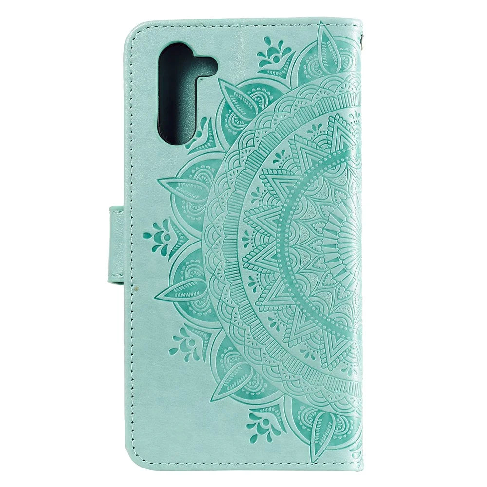 Imprint Flower Leather Wallet Case for Samsung Galaxy Note 10 / Note 10 5G - Cyan - 3