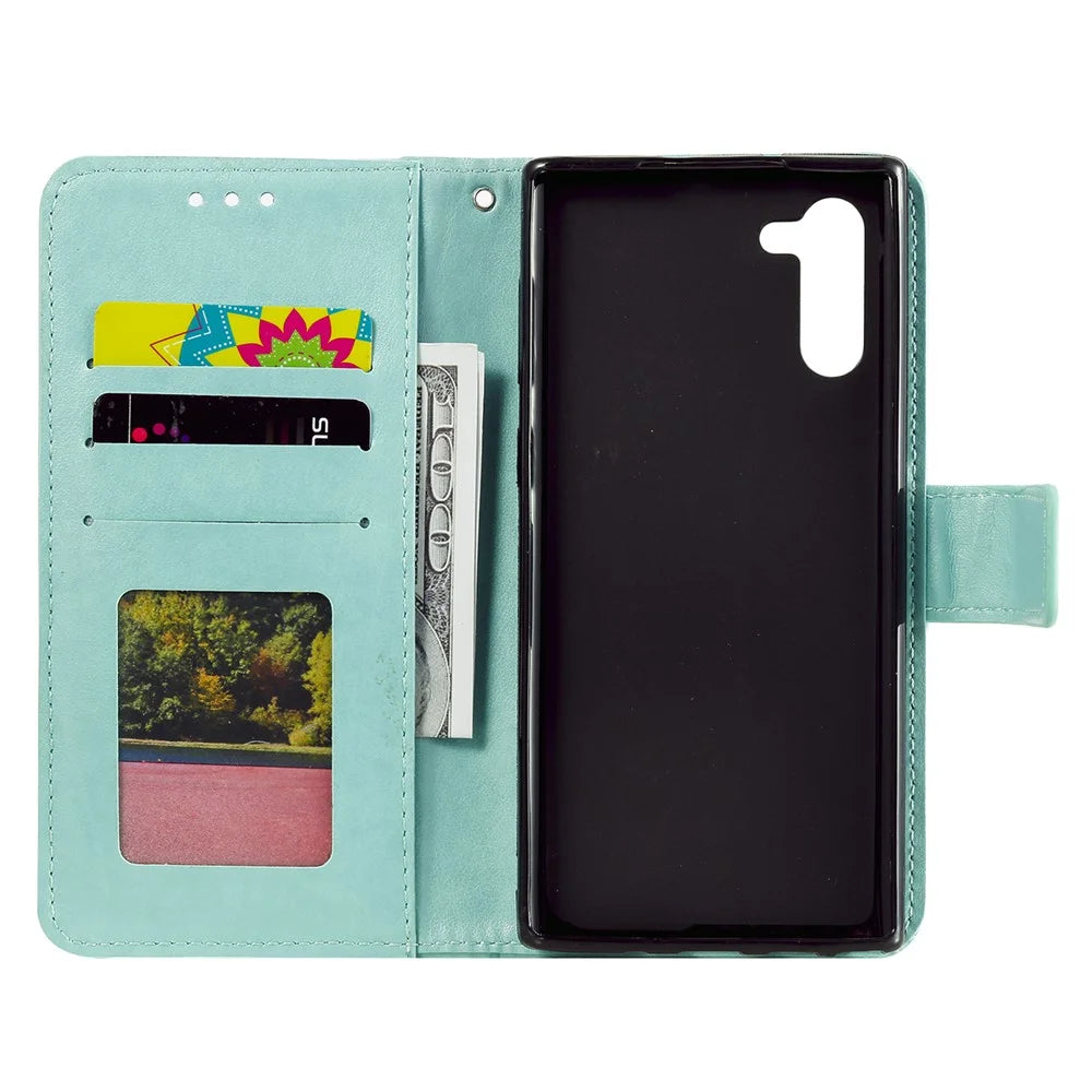 Imprint Flower Leather Wallet Case for Samsung Galaxy Note 10 / Note 10 5G - Cyan - 4
