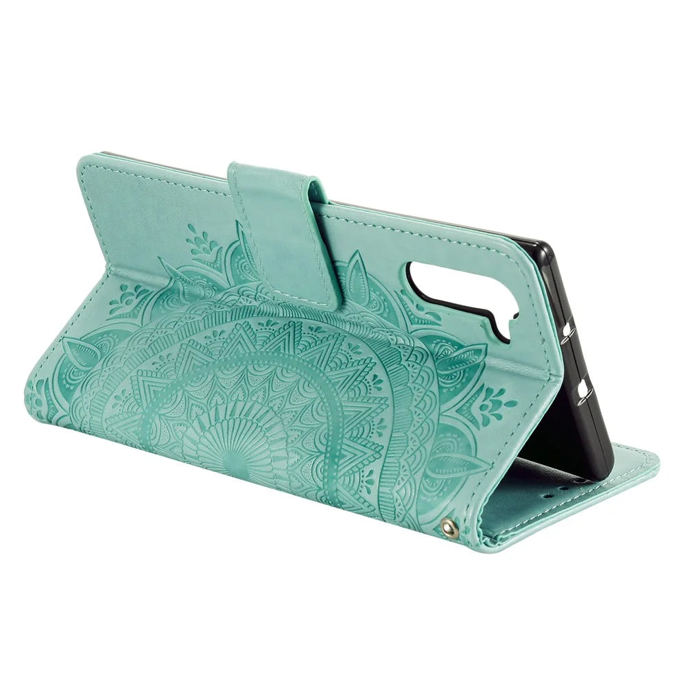Imprint Flower Leather Wallet Case for Samsung Galaxy Note 10 / Note 10 5G - Cyan - 5