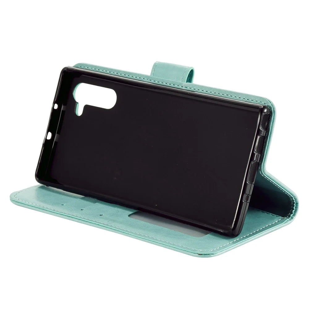 Imprint Flower Leather Wallet Case for Samsung Galaxy Note 10 / Note 10 5G - Cyan - 6