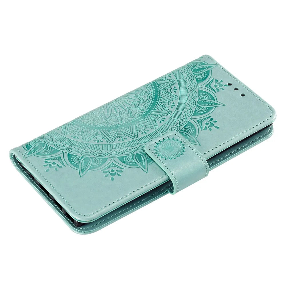 Imprint Flower Leather Wallet Case for Samsung Galaxy Note 10 / Note 10 5G - Cyan - 7