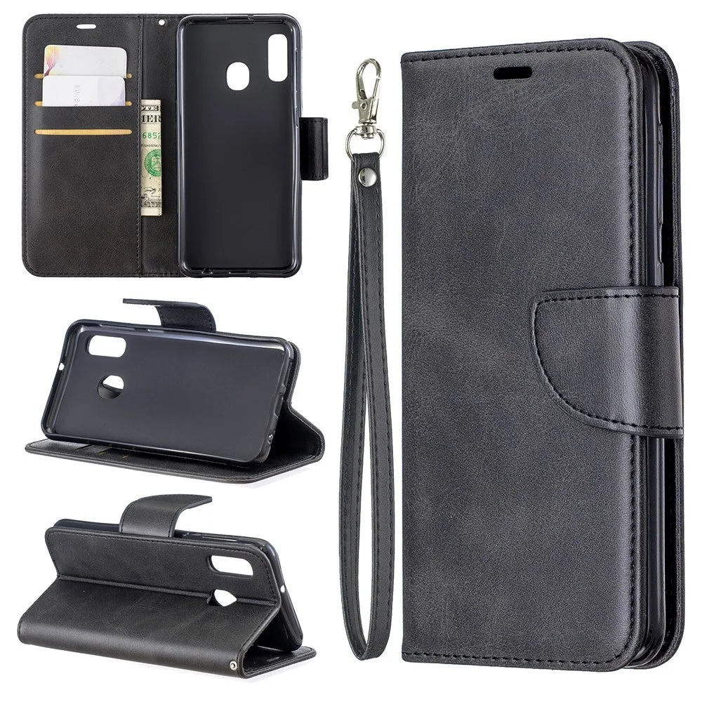 PU Leather Wallet Stand Phone Shell Cover for Samsung Galaxy A20e - Black - 1