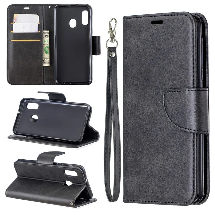 PU Leather Wallet Stand Phone Shell Cover for Samsung Galaxy A20e - Black - 1