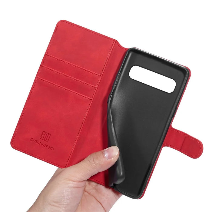 DG.MING Retro Style Leather Wallet Stand Shell Covering Case for Samsung Galaxy S10 5G - Red - 5