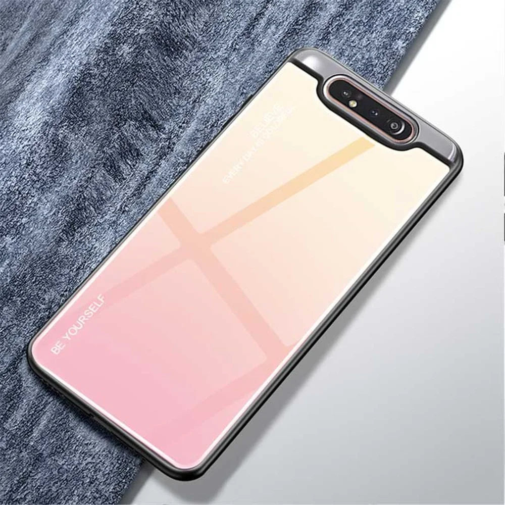 Gradient Color Tempered Glass + PC + TPU Hybrid Case for Samsung Galaxy A80/A90 - Gold / Pink - 1
