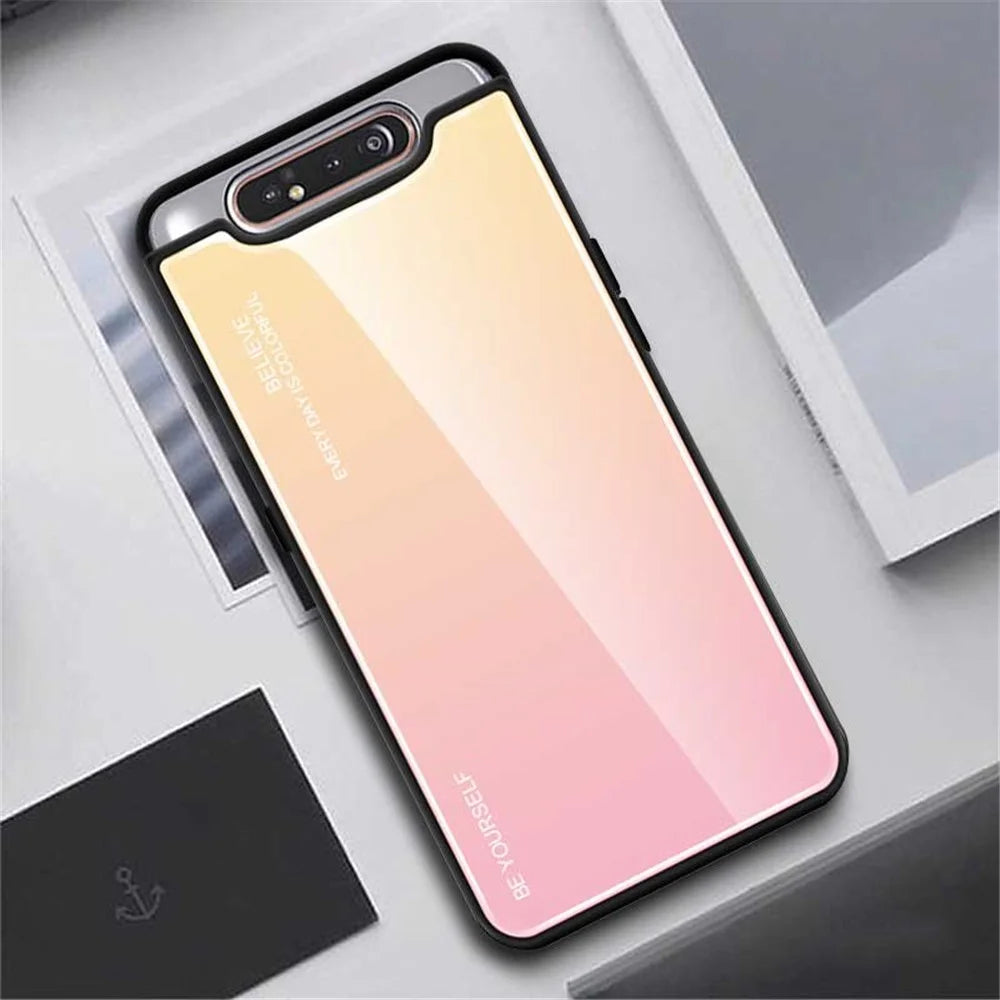Gradient Color Tempered Glass + PC + TPU Hybrid Case for Samsung Galaxy A80/A90 - Gold / Pink - 3