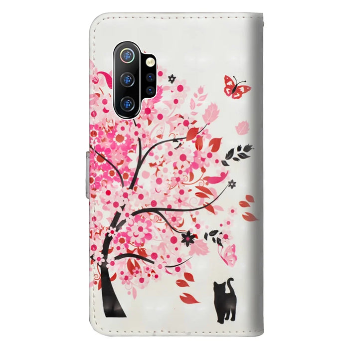 3D Printing Surface PU Leather with Wallet Cell Shell for Samsung Galaxy Note 10 / Note 10 5G  Plus / 10 Plus 5G - Cat and Flowered Tree - 3