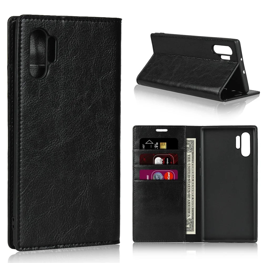 Crazy Horse Skin Genuine Leather Wallet Phone Case for Samsung Galaxy Note 10 Plus / 10 Plus 5G - Black - 1