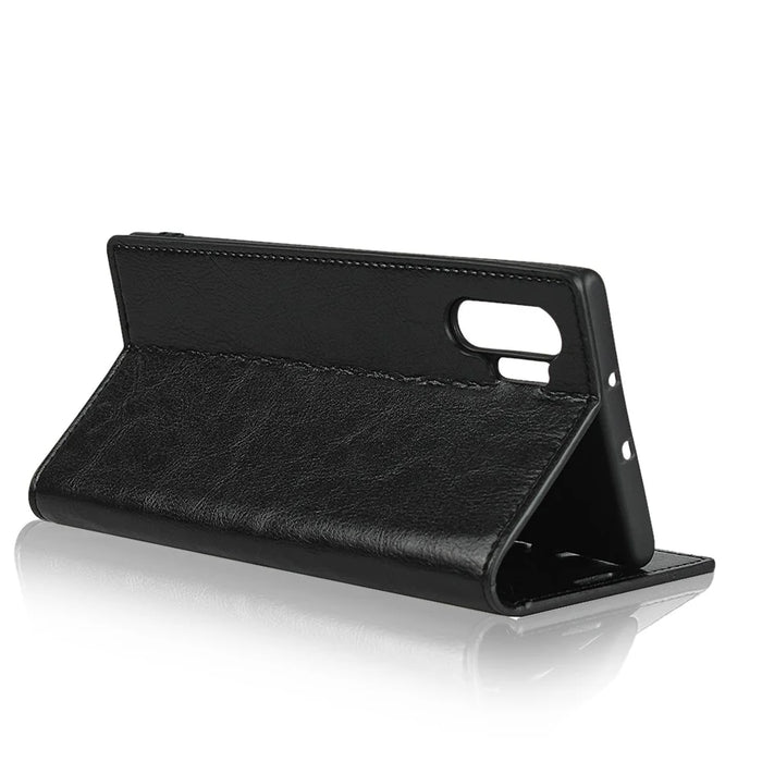 Crazy Horse Skin Genuine Leather Wallet Phone Case for Samsung Galaxy Note 10 Plus / 10 Plus 5G - Black - 5