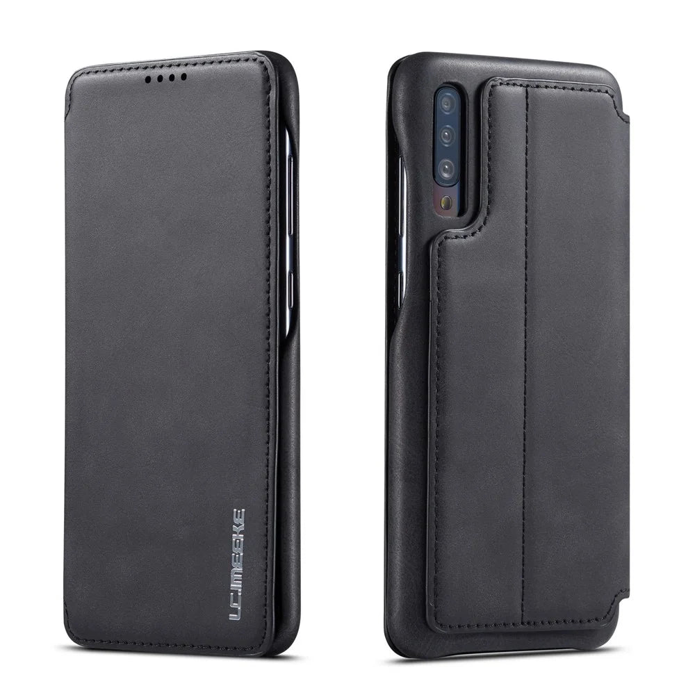 LC.IMEEKE Retro Style Leather Casing with Card Holder for Samsung Galaxy A50/A50s/A30s - Black - 1