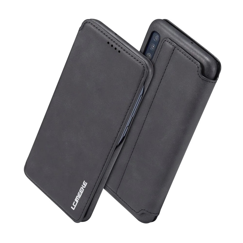 LC.IMEEKE Retro Style Leather Casing with Card Holder for Samsung Galaxy A50/A50s/A30s - Black - 2