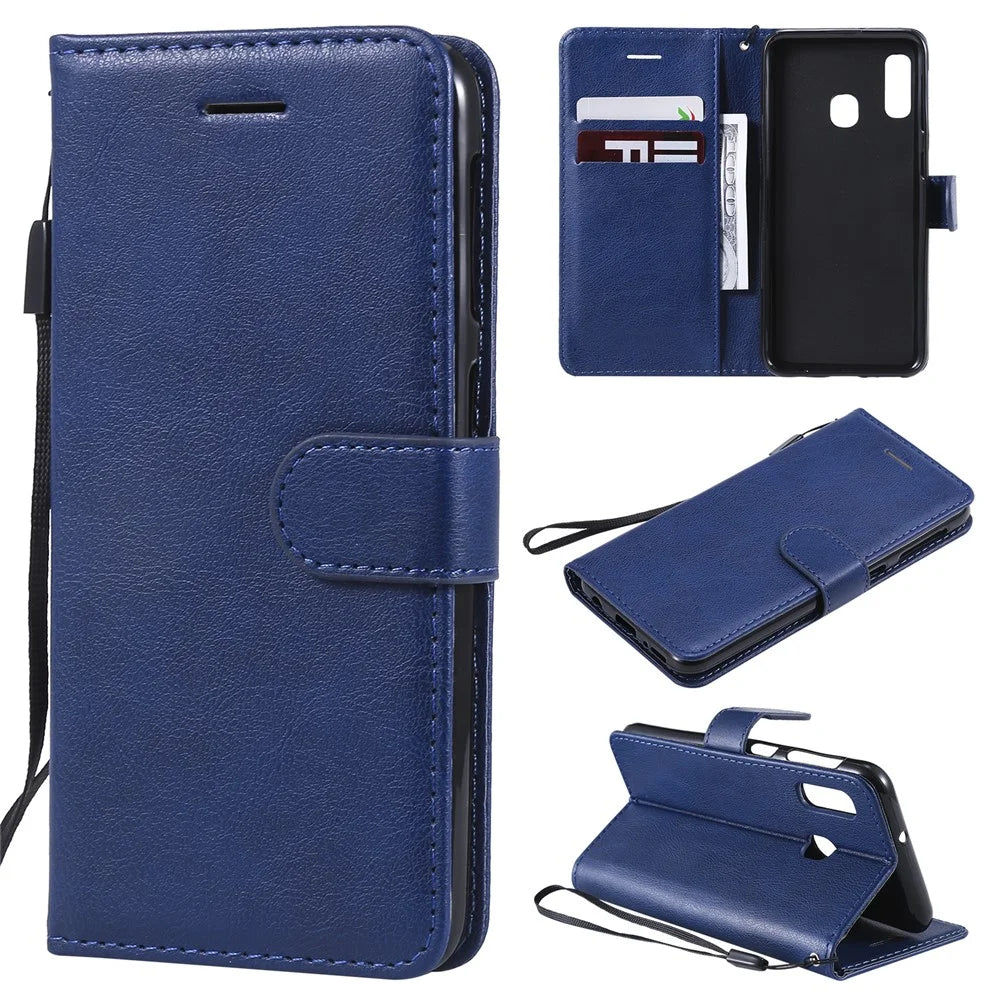 For Samsung Galaxy A20e Case Solid Color Leather Mobile Cover Wallet Stand with Strap - Blue - 1