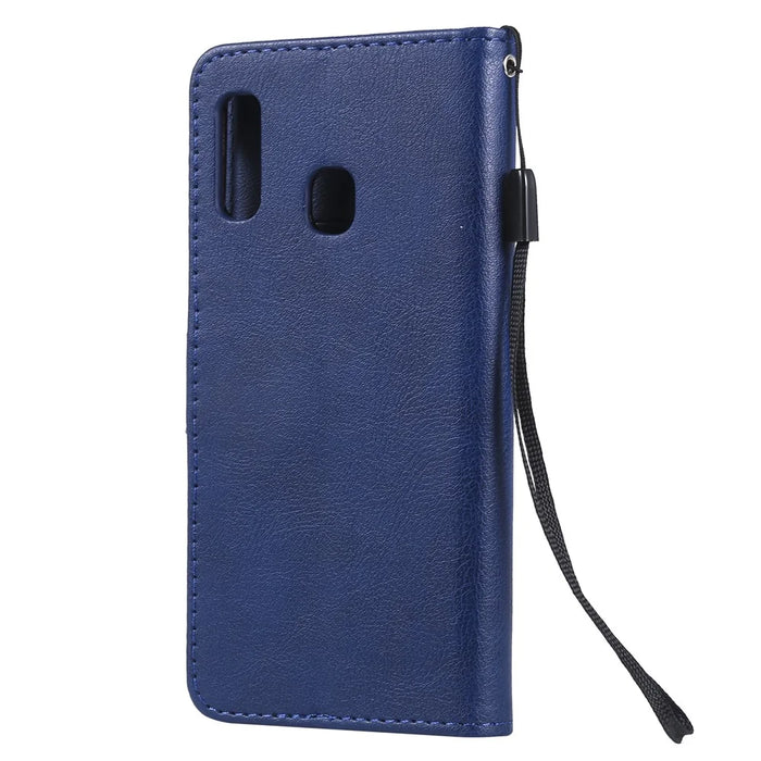 For Samsung Galaxy A20e Case Solid Color Leather Mobile Cover Wallet Stand with Strap - Blue - 3