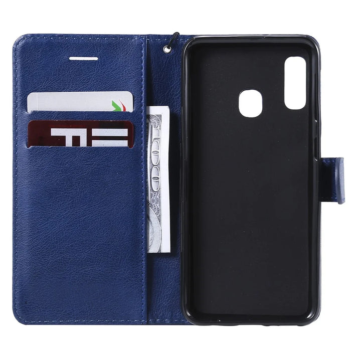 For Samsung Galaxy A20e Case Solid Color Leather Mobile Cover Wallet Stand with Strap - Blue - 4