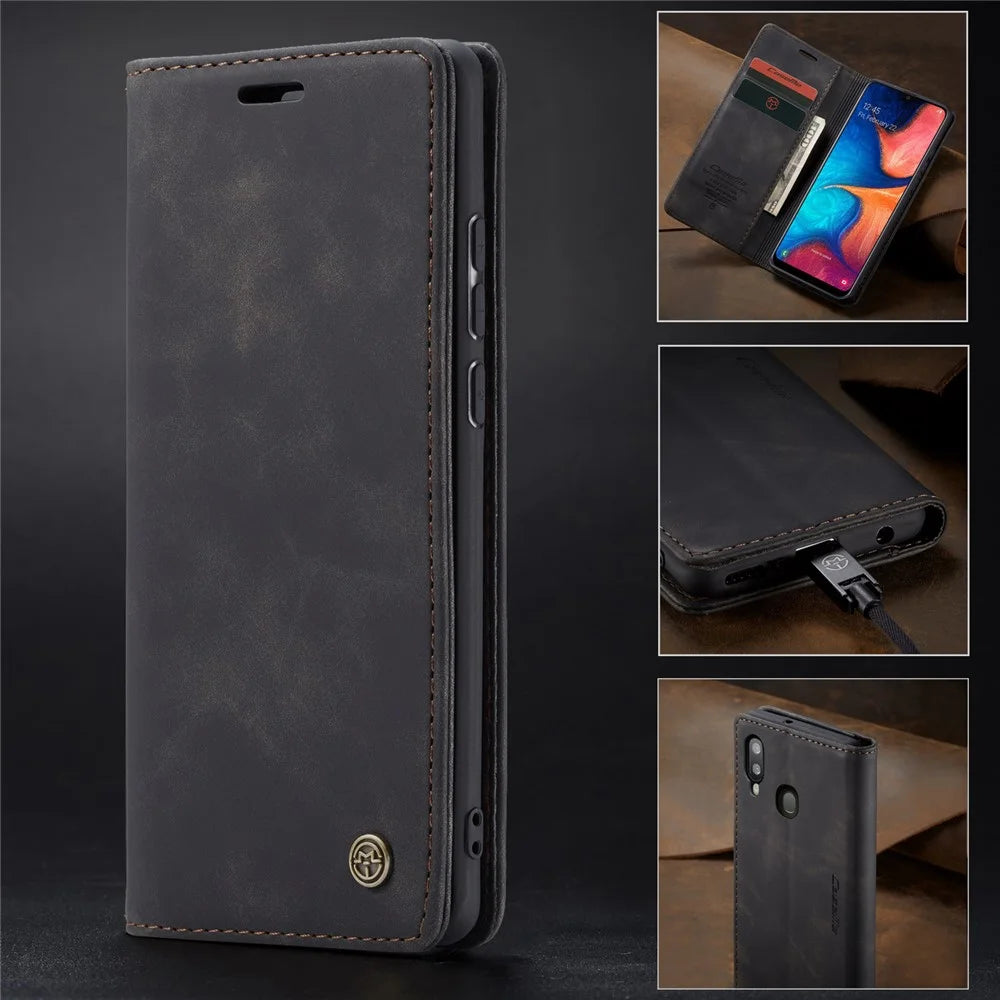 CASEME 013 Series Auto-absorbed Leather Flip Wallet Case for Samsung Galaxy A20e - Black - 4