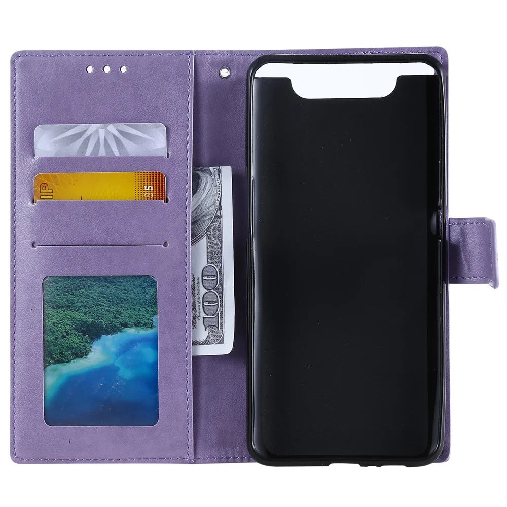 Imprint Flower Leather Wallet Case for Samsung Galaxy A80/A90 - Purple - 4