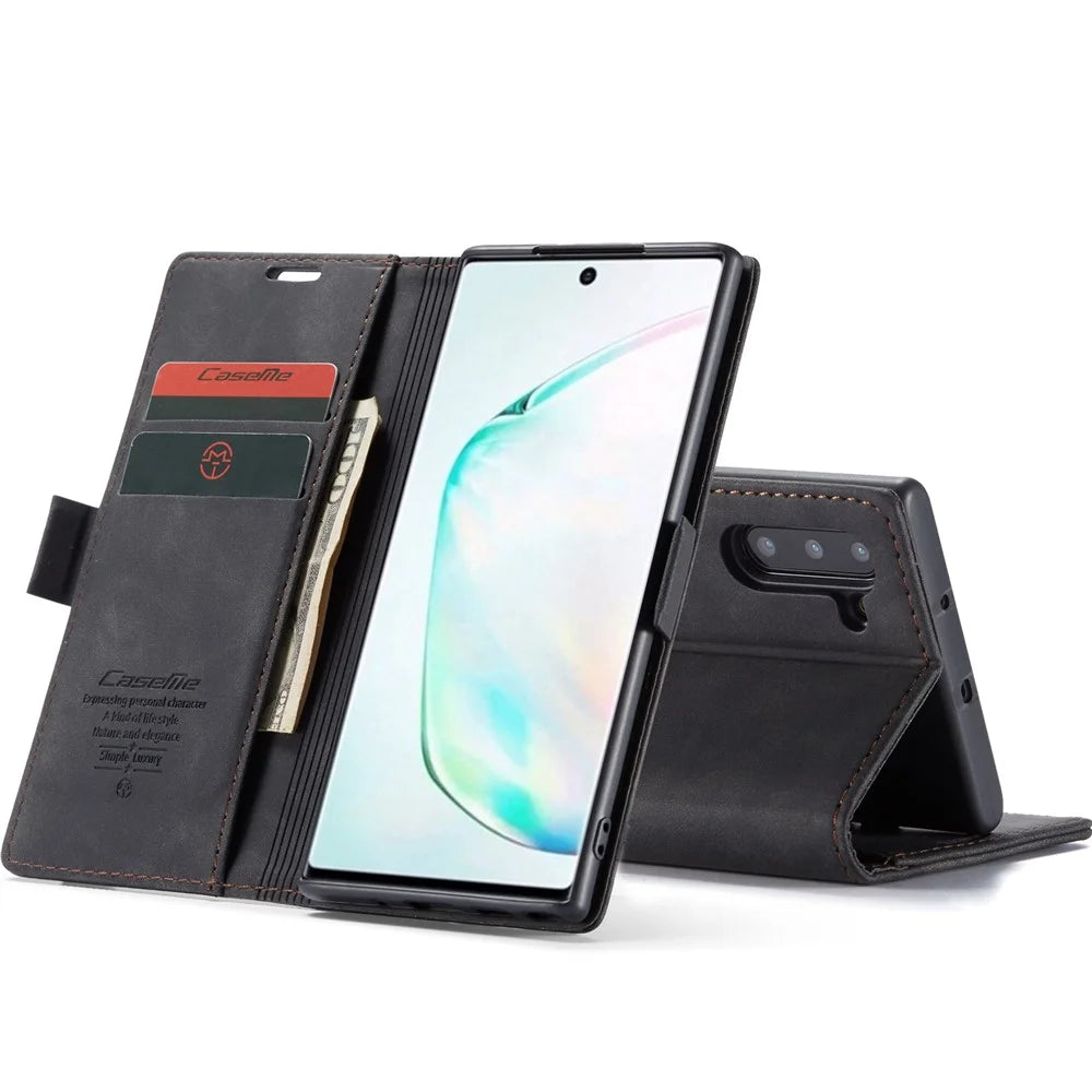 CASEME 013 Series Auto-absorbed Flip Leather Wallet Stand Case for Samsung Galaxy Note 10/Note 10 5G - Black - 3