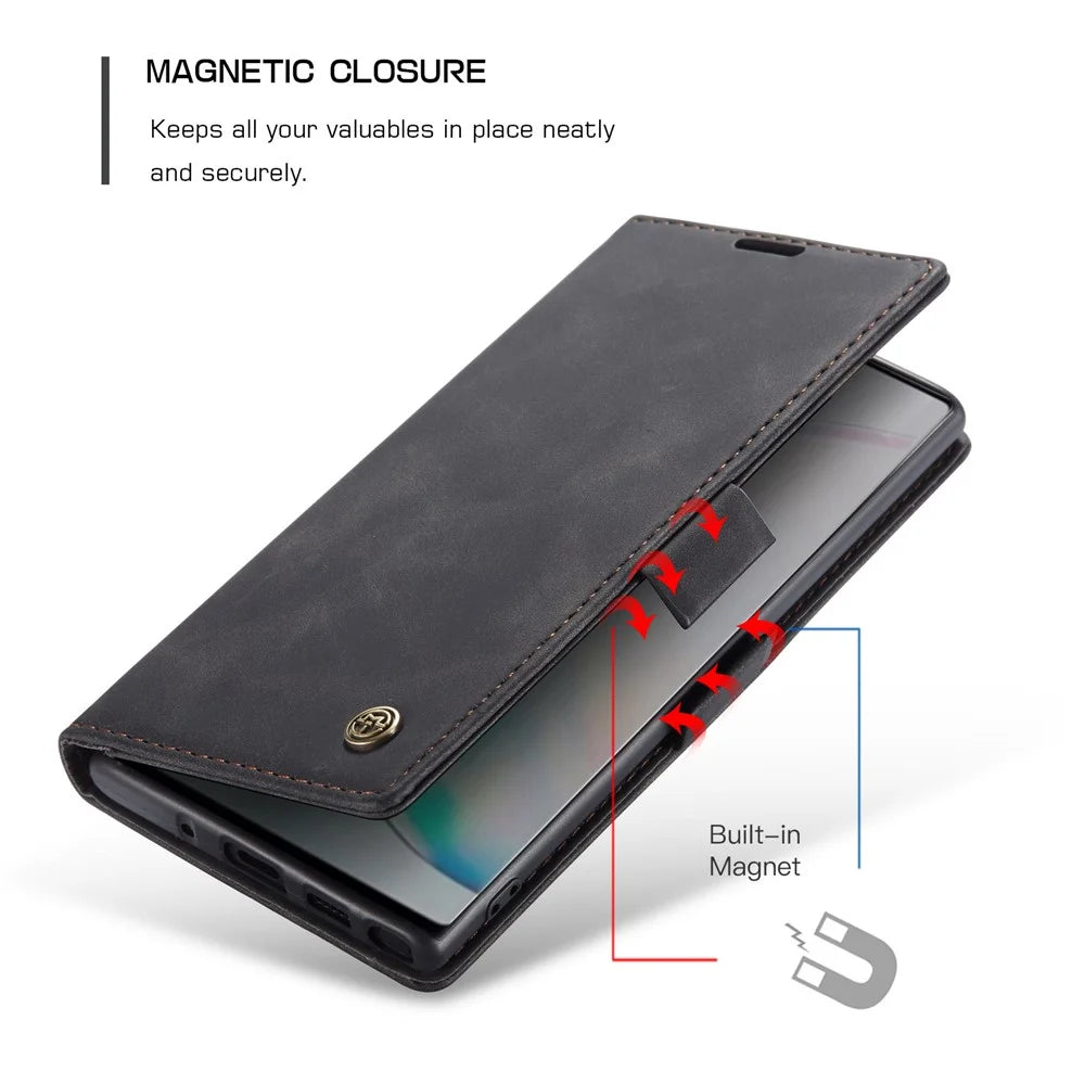 CASEME 013 Series Auto-absorbed Flip Leather Wallet Stand Case for Samsung Galaxy Note 10/Note 10 5G - Black - 5