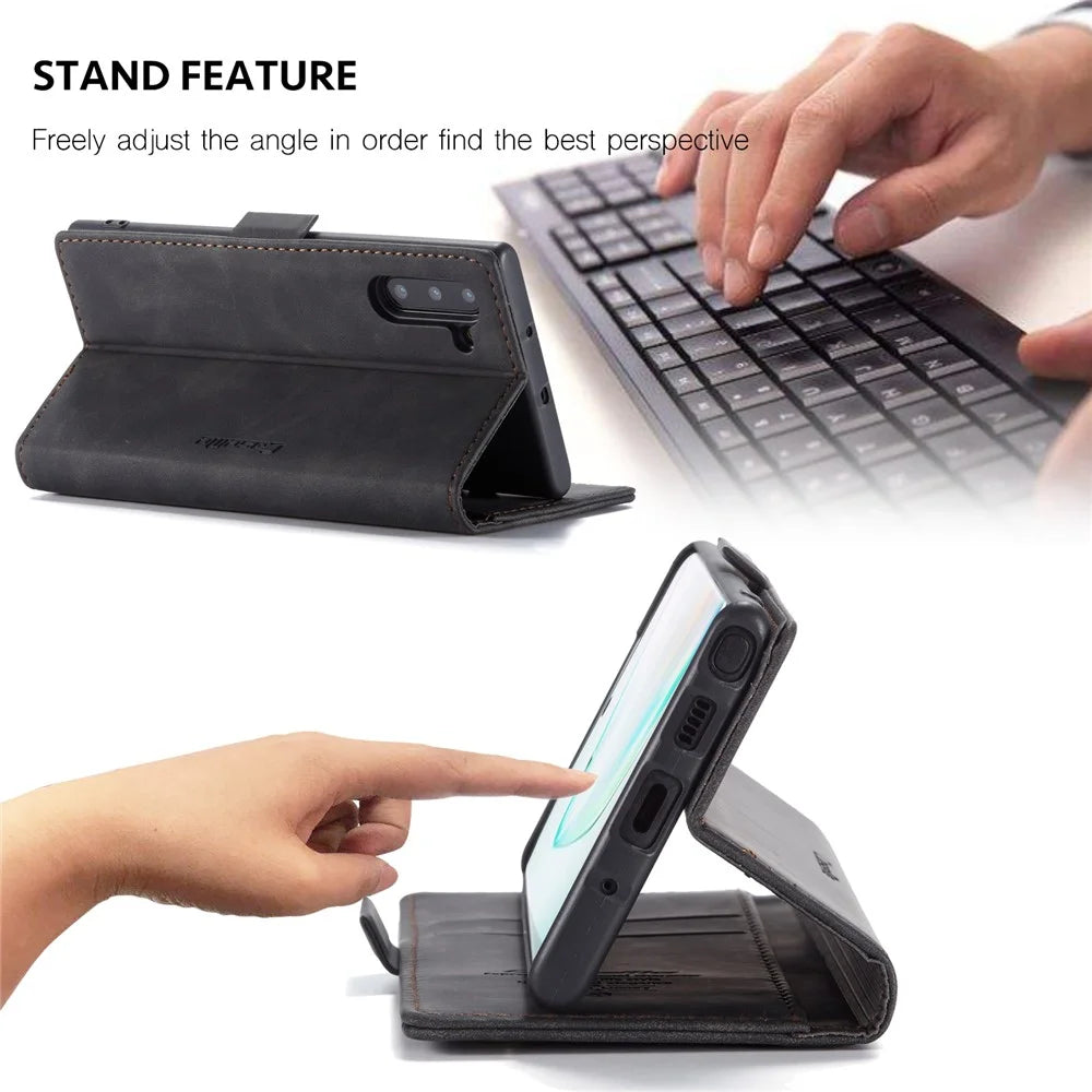 CASEME 013 Series Auto-absorbed Flip Leather Wallet Stand Case for Samsung Galaxy Note 10/Note 10 5G - Black - 6