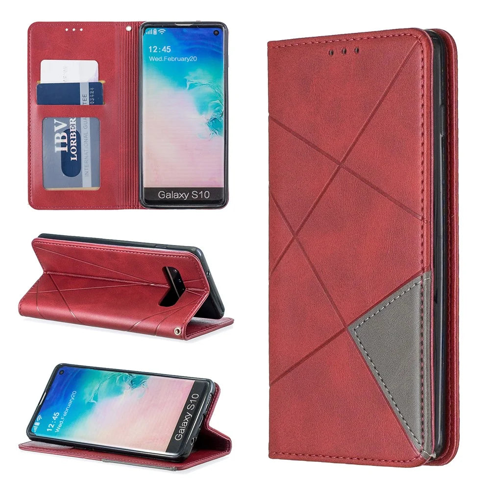 Geometric Pattern Leather Phone Casing with Stand for Samsung Galaxy S10 - Red - 1