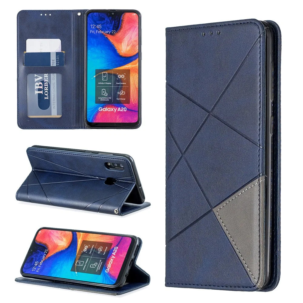 Geometric Pattern Leather Stand Case with Card Slots for Samsung Galaxy A20 / A30 - Blue - 1