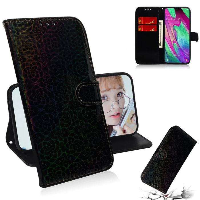 Flower Pattern Leather Wallet Stand Case for Samsung Galaxy A40 - Black - 1