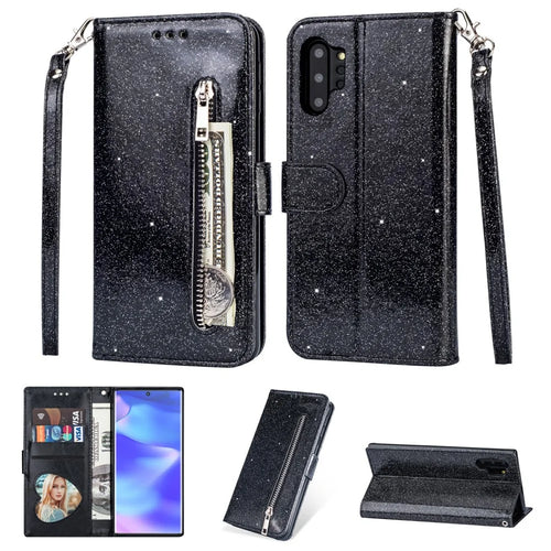 Flash Powder Zippered Stand Leather Wallet Case with Stra[Fingerprint Unlock] for Samsung Galaxy Note 10 Plus/10 Plus 5G - Black - 1