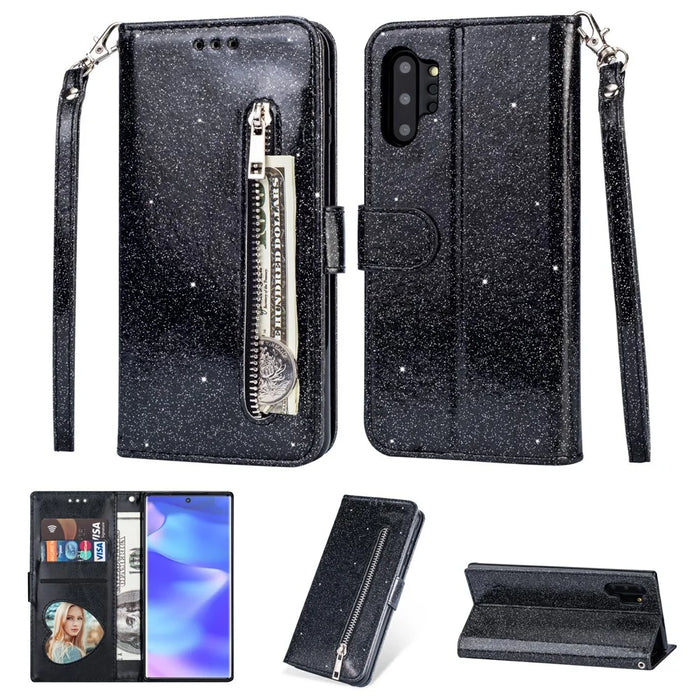 Flash Powder Zippered Stand Leather Wallet Case with Stra[Fingerprint Unlock] for Samsung Galaxy Note 10 Plus/10 Plus 5G - Black - 1