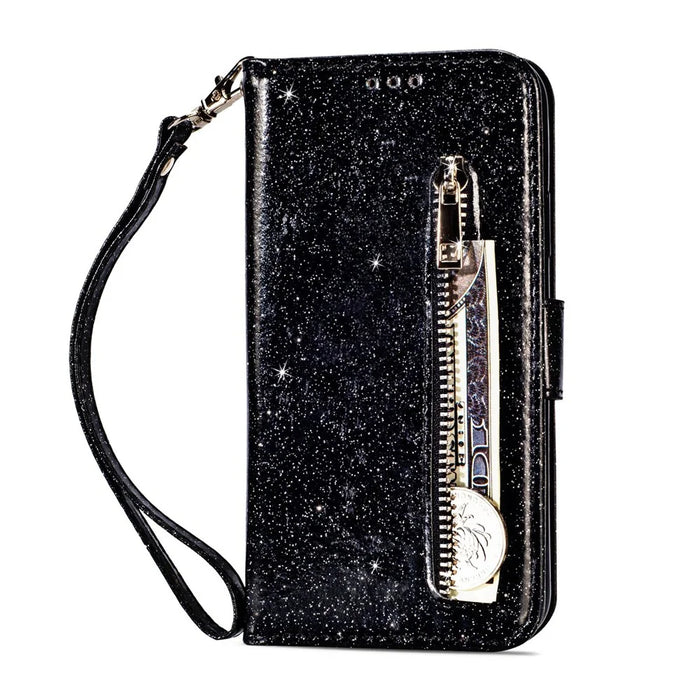Flash Powder Zippered Stand Leather Wallet Case with Stra[Fingerprint Unlock] for Samsung Galaxy Note 10 Plus/10 Plus 5G - Black - 2