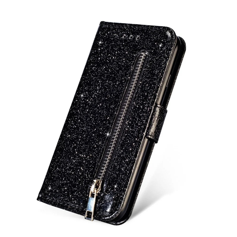 Flash Powder Zippered Stand Leather Wallet Case with Stra[Fingerprint Unlock] for Samsung Galaxy Note 10 Plus/10 Plus 5G - Black - 3