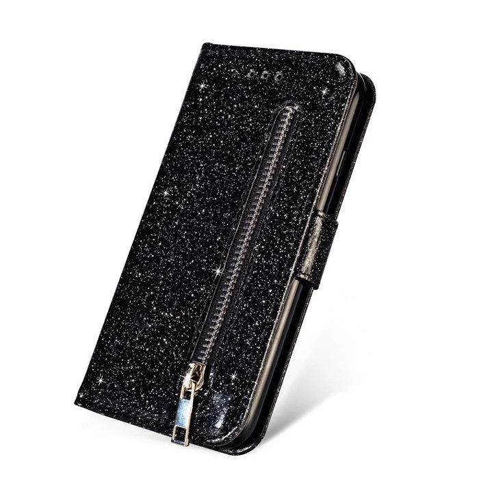 Flash Powder Zippered Stand Leather Wallet Case with Stra[Fingerprint Unlock] for Samsung Galaxy Note 10 Plus/10 Plus 5G - Black - 3