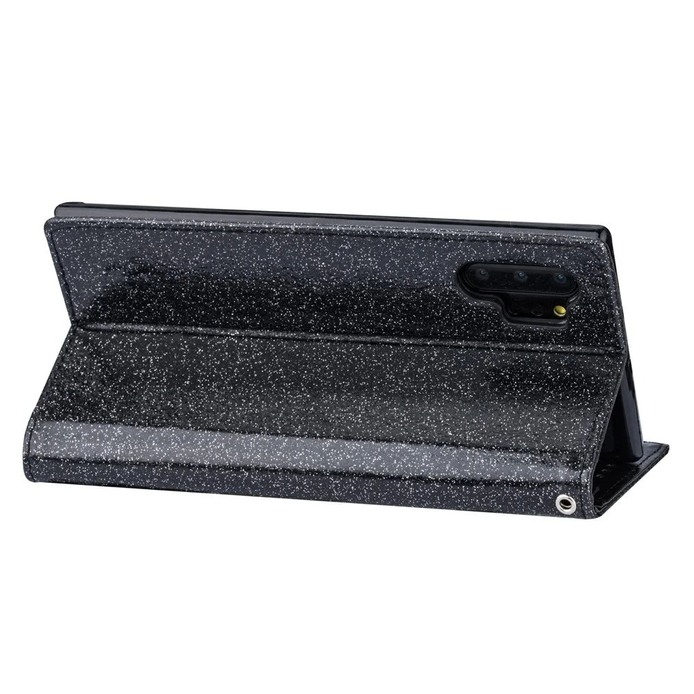 Flash Powder Zippered Stand Leather Wallet Case with Stra[Fingerprint Unlock] for Samsung Galaxy Note 10 Plus/10 Plus 5G - Black - 5