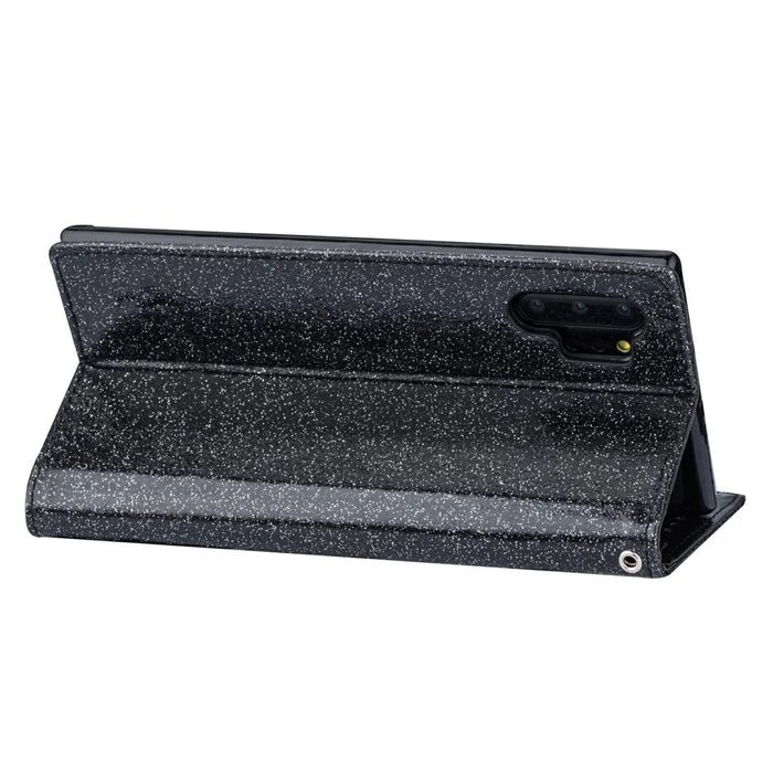 Flash Powder Zippered Stand Leather Wallet Case with Stra[Fingerprint Unlock] for Samsung Galaxy Note 10 Plus/10 Plus 5G - Black - 5