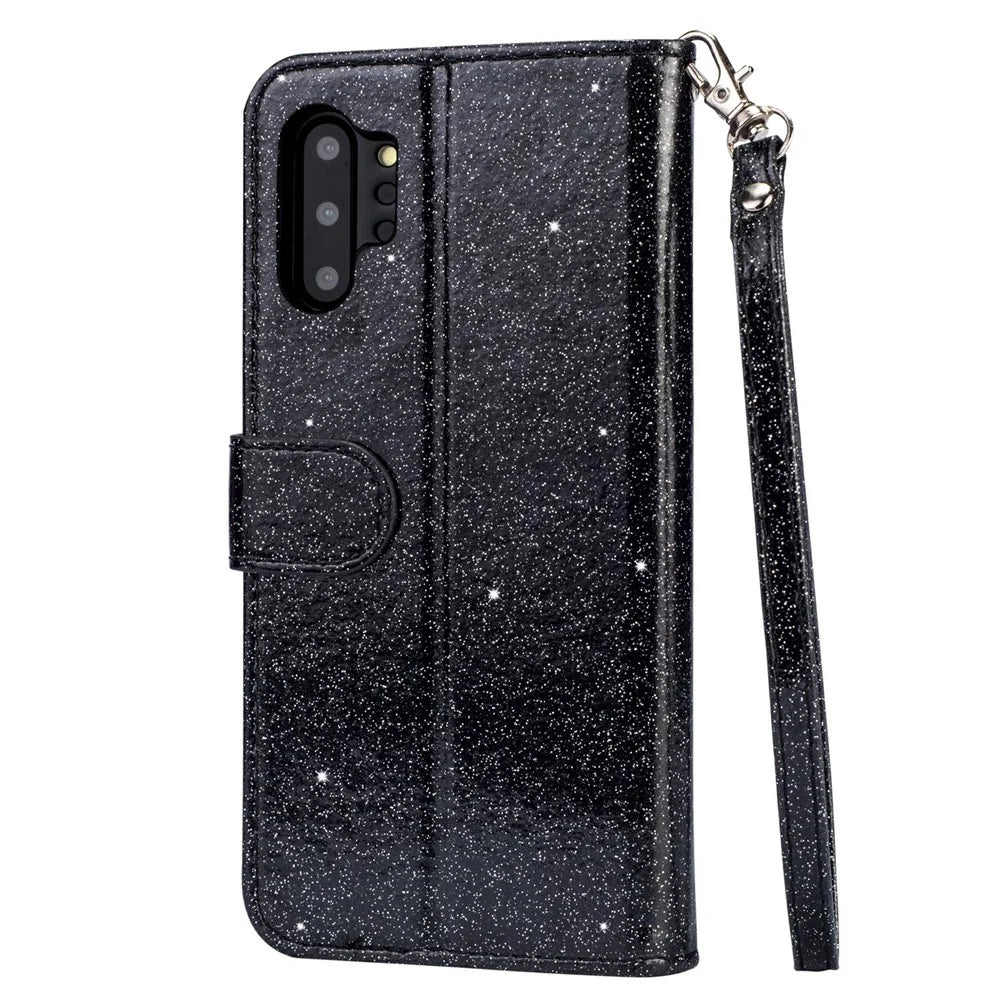 Flash Powder Zippered Stand Leather Wallet Case with Stra[Fingerprint Unlock] for Samsung Galaxy Note 10 Plus/10 Plus 5G - Black - 7