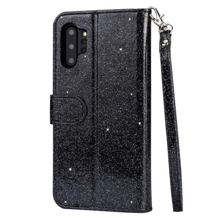 Flash Powder Zippered Stand Leather Wallet Case with Stra[Fingerprint Unlock] for Samsung Galaxy Note 10 Plus/10 Plus 5G - Black - 7