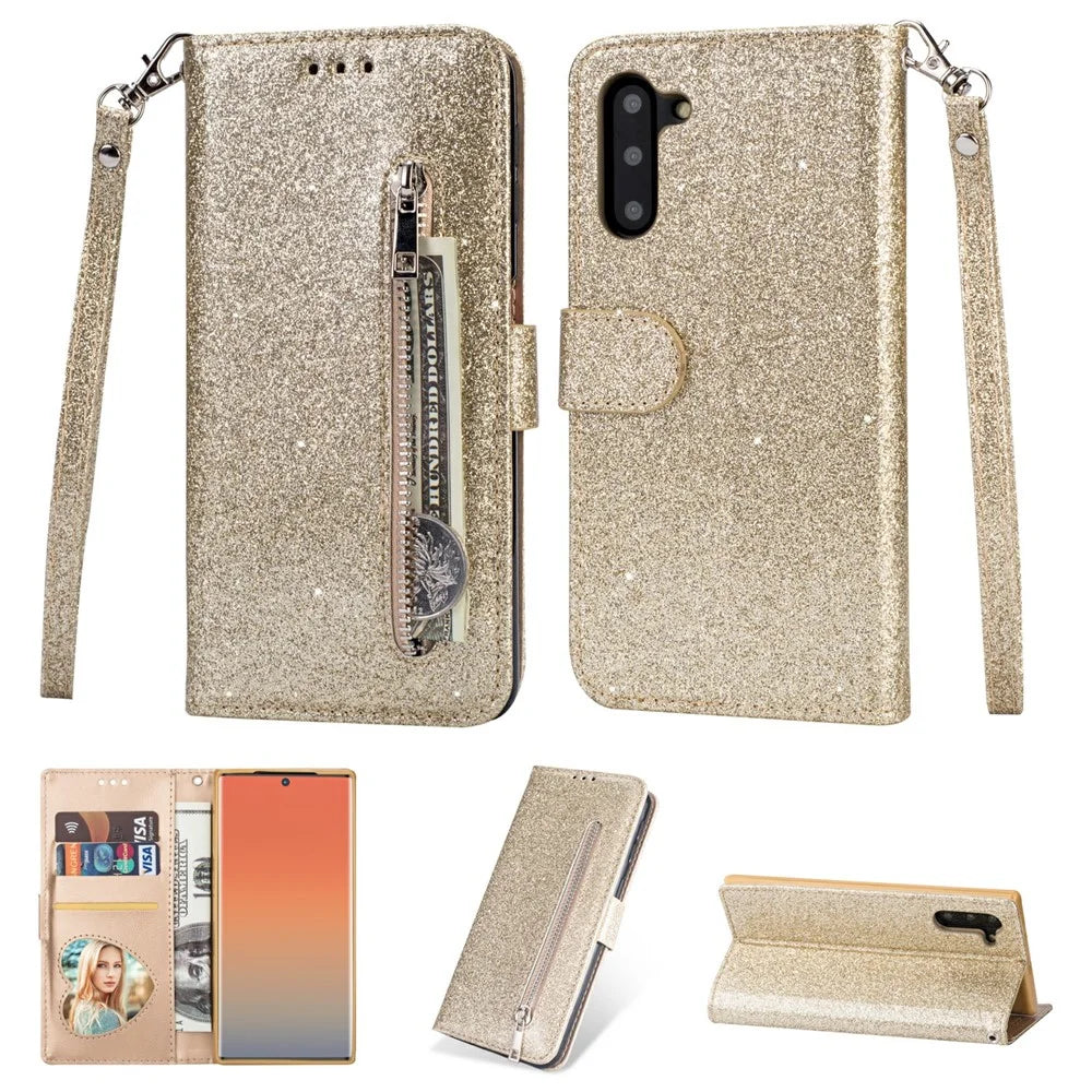 Flash Powder Zippered Stand Leather Wallet Phone Case with Strap for Samsung Galaxy Note 10/Note 10 5G - Gold - 1