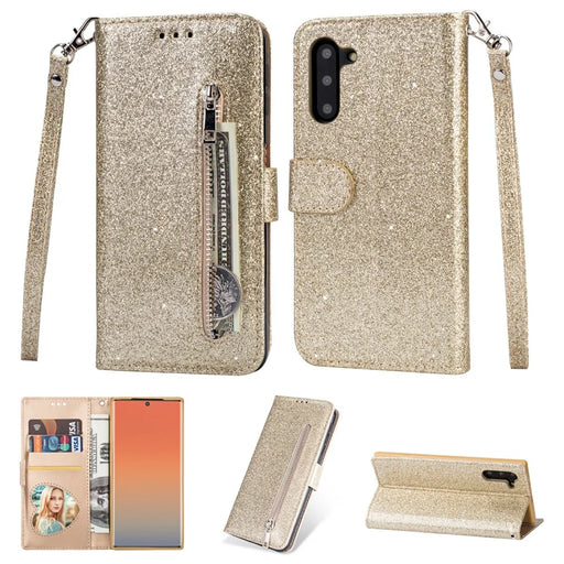 Flash Powder Zippered Stand Leather Wallet Phone Case with Strap for Samsung Galaxy Note 10/Note 10 5G - Gold - 1