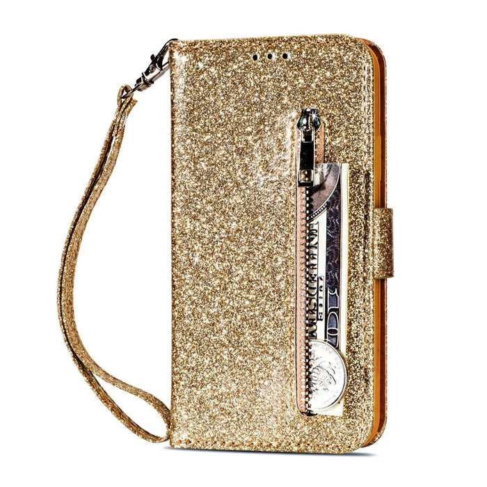 Flash Powder Zippered Stand Leather Wallet Phone Case with Strap for Samsung Galaxy Note 10/Note 10 5G - Gold - 2