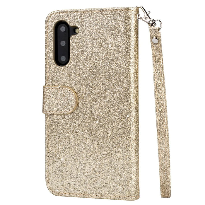 Flash Powder Zippered Stand Leather Wallet Phone Case with Strap for Samsung Galaxy Note 10/Note 10 5G - Gold - 4