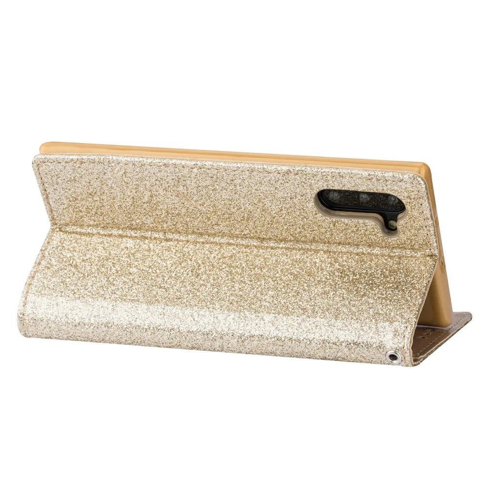 Flash Powder Zippered Stand Leather Wallet Phone Case with Strap for Samsung Galaxy Note 10/Note 10 5G - Gold - 6