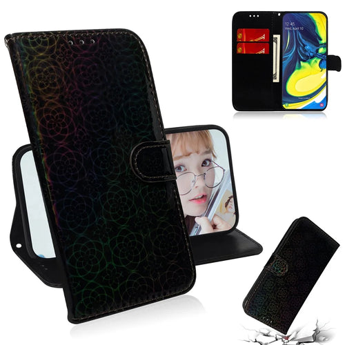 For Samsung Galaxy A80 / A90 Clean Color Flower Pattern Wallet Stand Leather Phone Cover Protective Phone Case with Lanyard - Black - 1